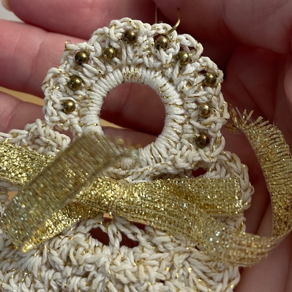 Vintage Crochet Ornaments Set of 2 Handmade Christmas Decor Bell Angel with Gold - Picture 6 of 8